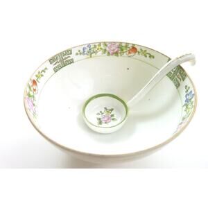 Vintage Boho Ramen Flower Bowl Footed Bowl with Spoon Peony